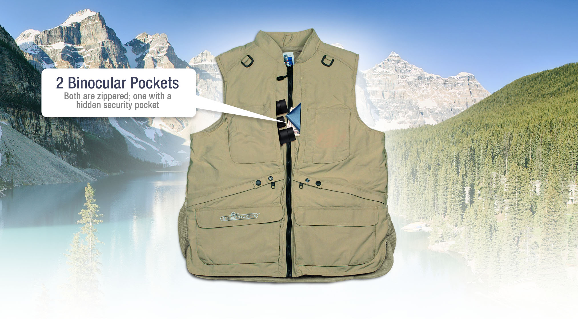 Zippered Chest Pockets. Both are zippered; one with a hidden security pocket
