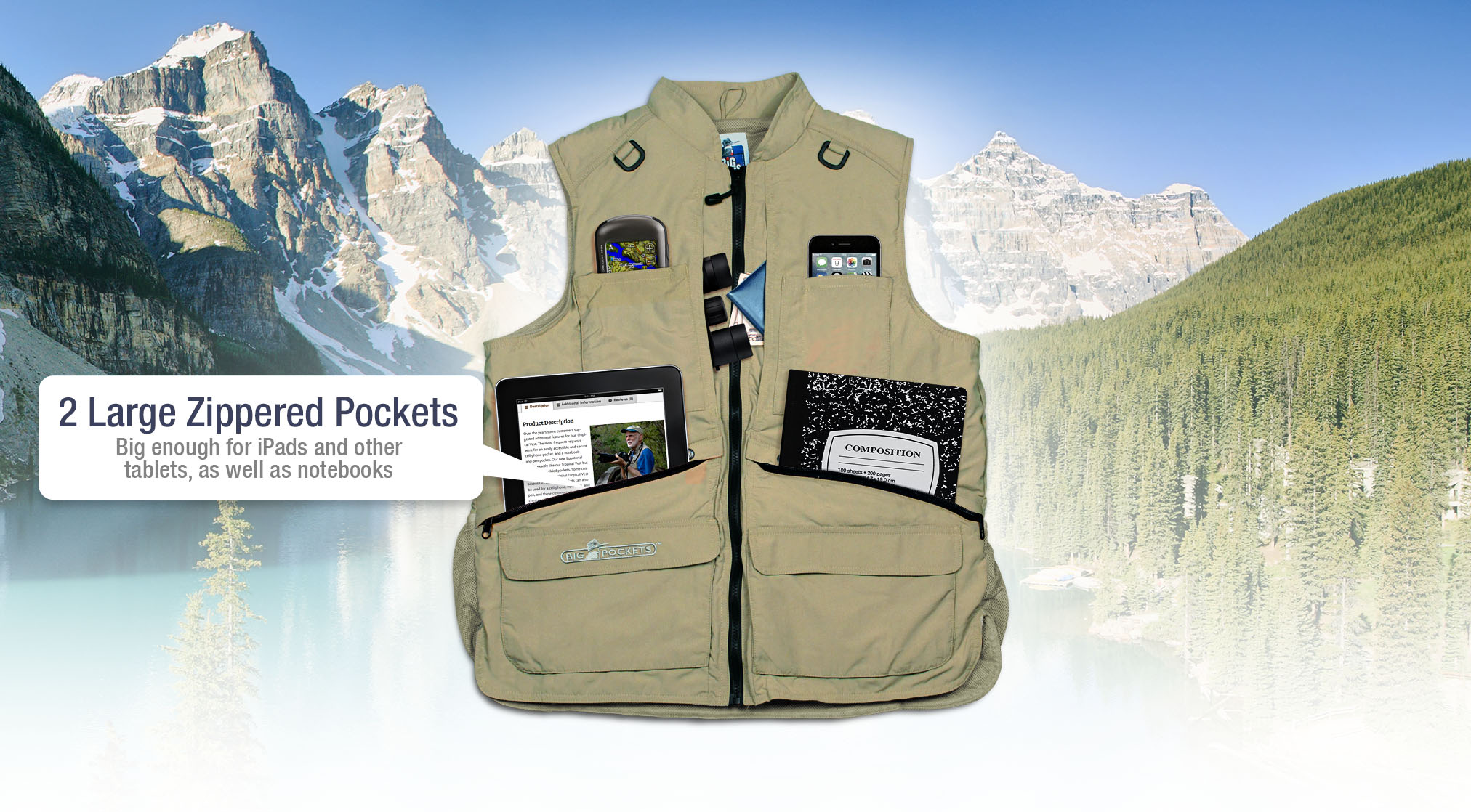 2 Large Zippered Pockets big enough for iPads and other tablets, as well as notebooks
